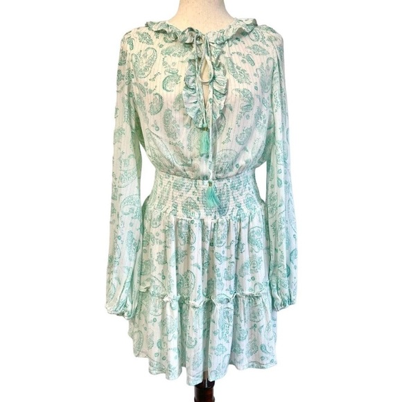 NWOT House of Harlow 1960 Mint Paisley White Smocked Ruffle Mini Dress Small - Picture 2 of 15